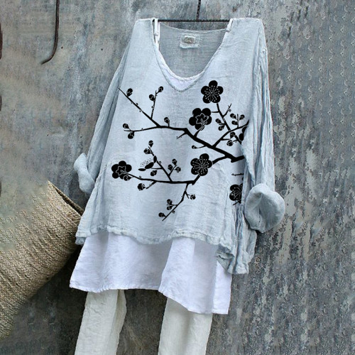 Vintage Japanese Art Cotton Linen V Neck Casual Shirt