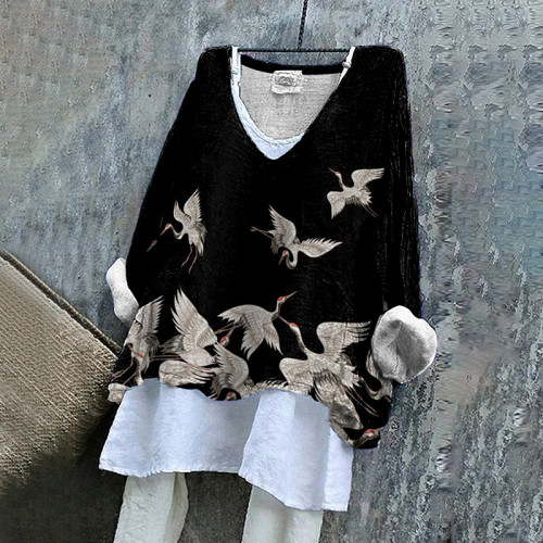 Vintage Japanese Art Crane Cotton Linen V Neck Casual Shirt