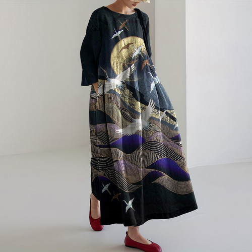 Vintage Japanese Art Crane Print Casual Midi Dress