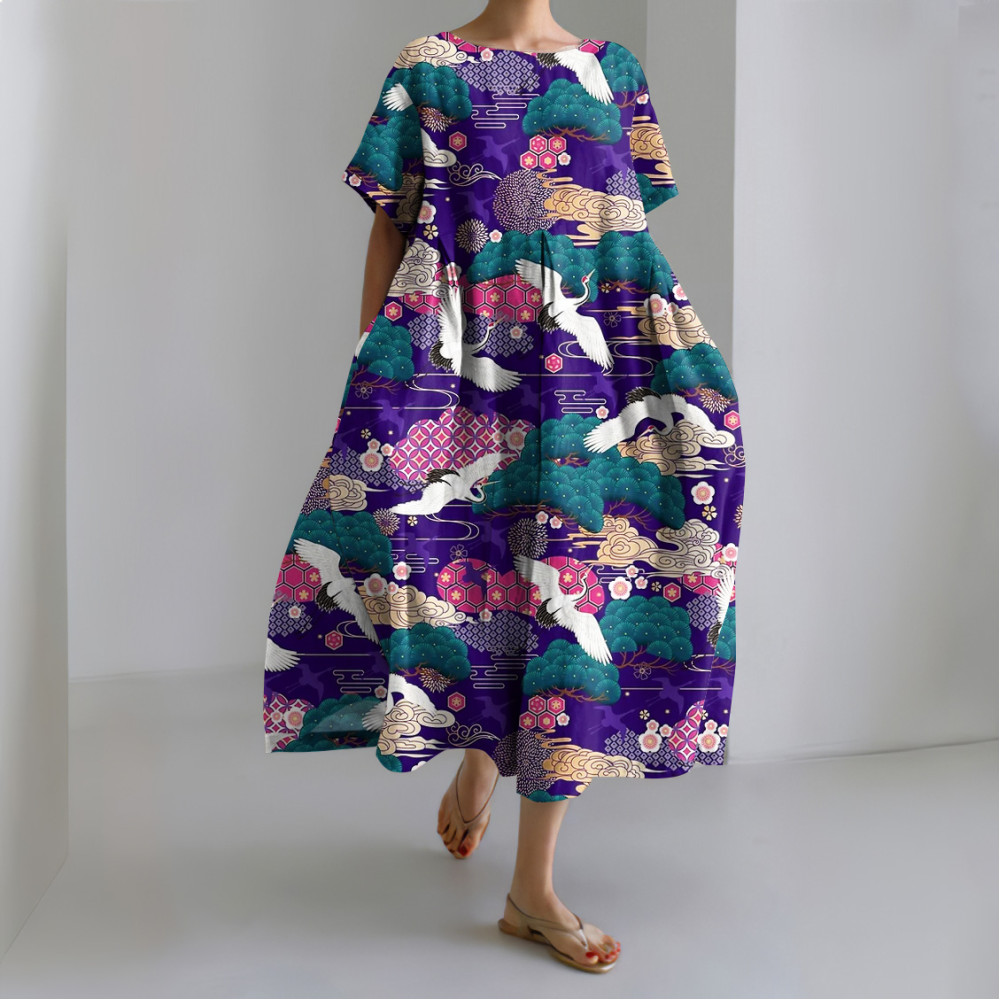 Vintage Japanese Art Crane Print Casual Midi Dress