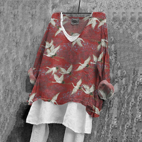 Vintage Japanese Art Crane Print V-Neck Blouse