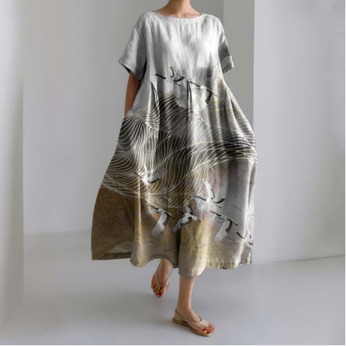 Vintage Japanese Art Crane Printed Linen Blend Midi Dress
