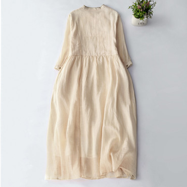 Vintage Japanese Art Embroidery Button Cotton Linen Maxi Dress