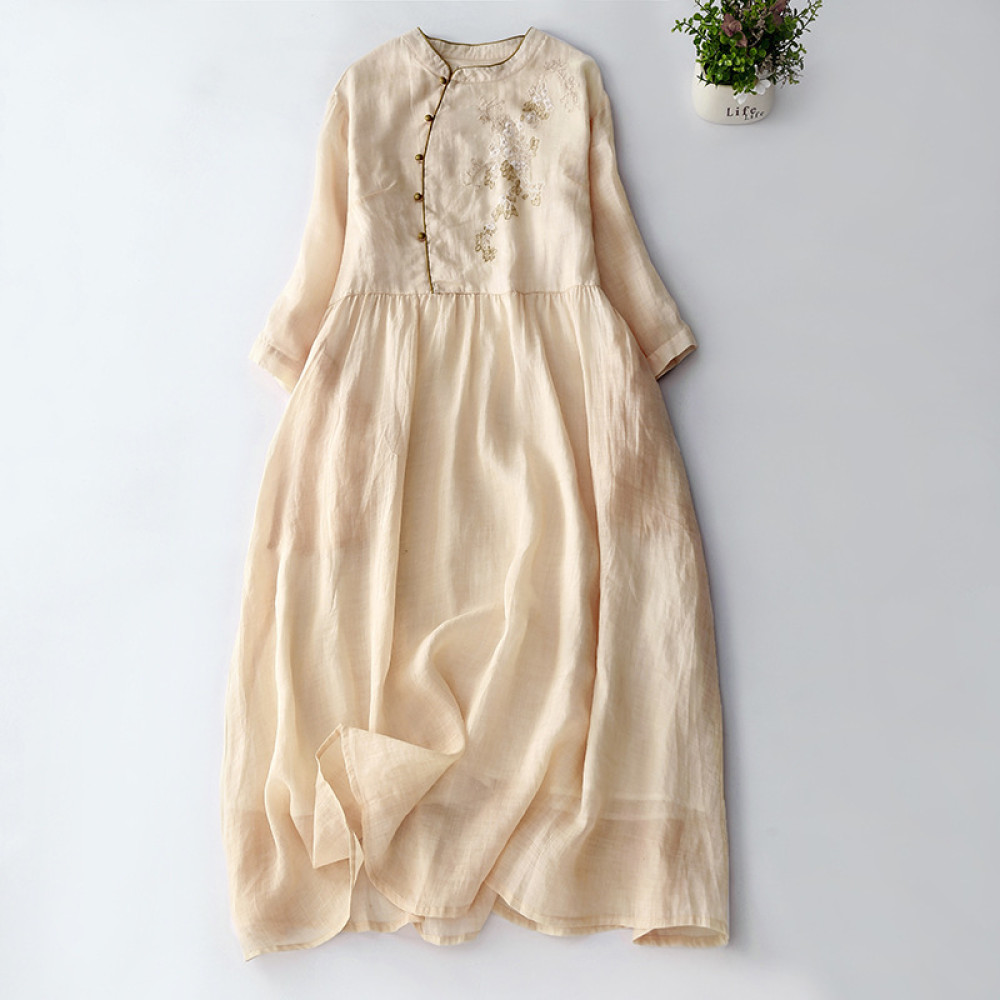 Vintage Japanese Art Embroidery Button Cotton Linen Maxi Dress