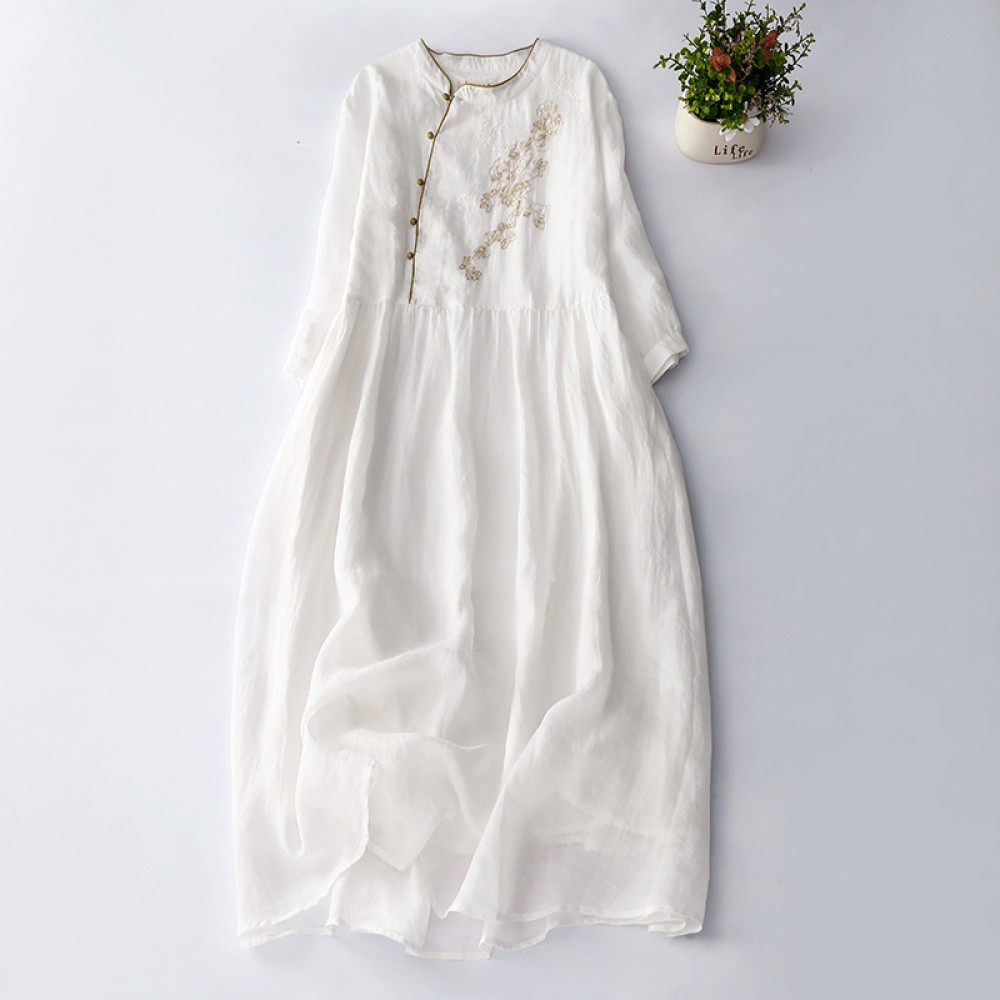 Vintage Japanese Art Embroidery Button Cotton Linen Maxi Dress
