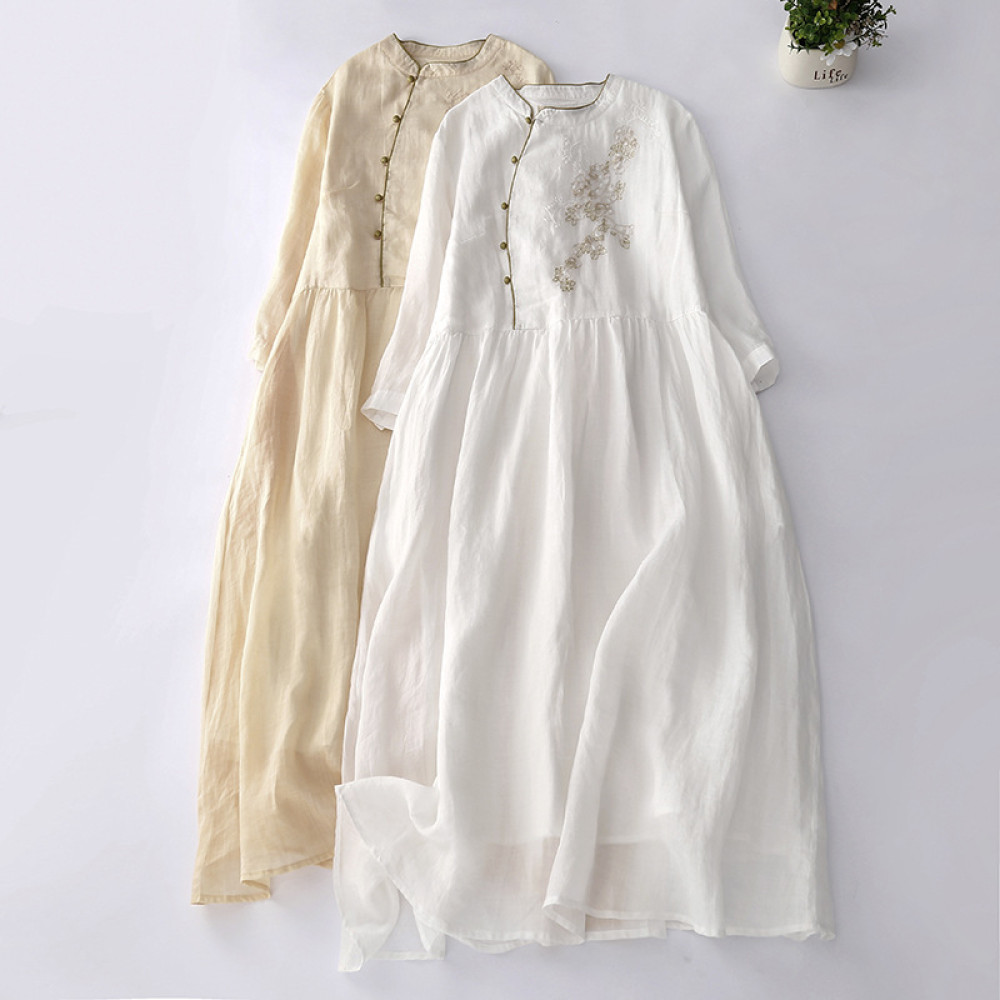 Vintage Japanese Art Embroidery Button Cotton Linen Maxi Dress
