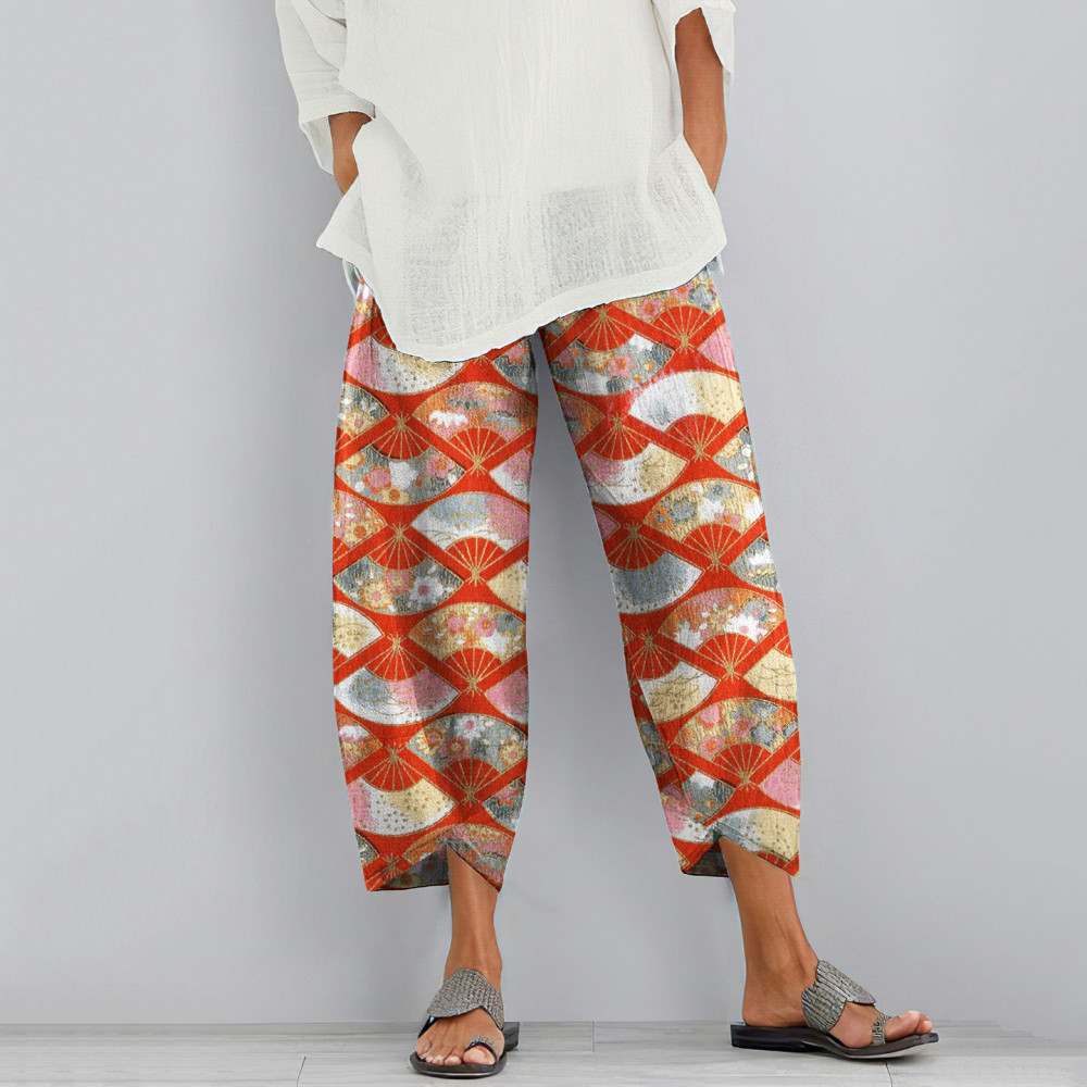Vintage Japanese Art Fan Printed Casual Pants
