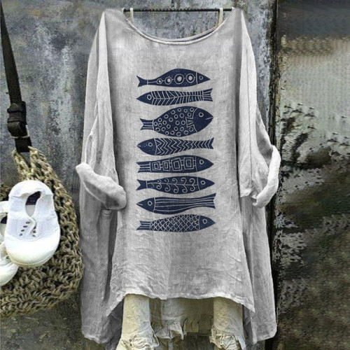 Vintage Japanese Art Fish Cotton Linen Button Round Neck Casual Shirt