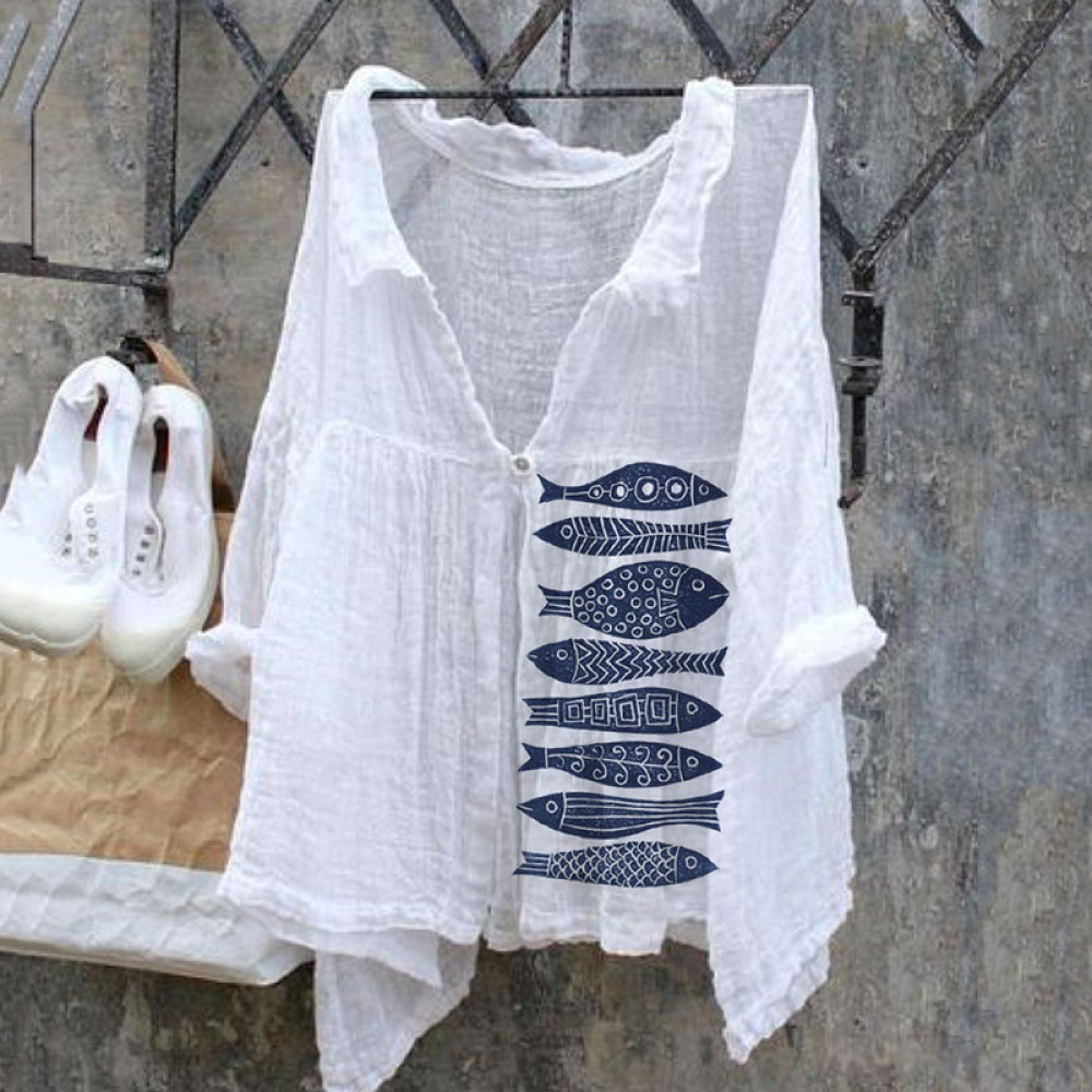 Vintage Japanese Art Fish Linen V Neck Button Comfy Shirt