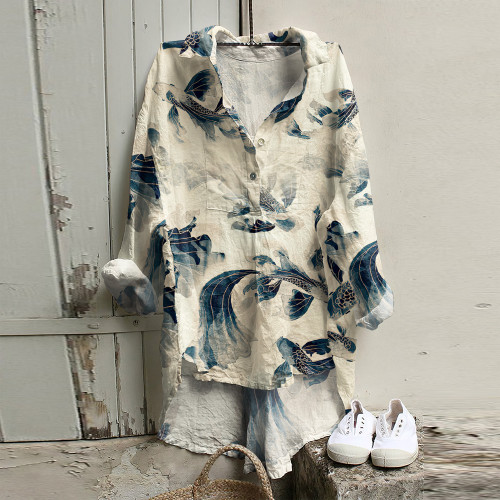 Vintage Japanese Art Fish Print Long Sleeve Casual Shirt