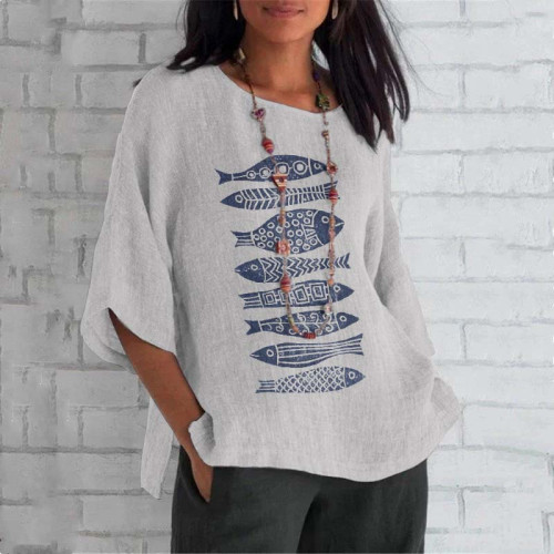 Vintage Japanese Art Fish Round Neck Casual Blouse