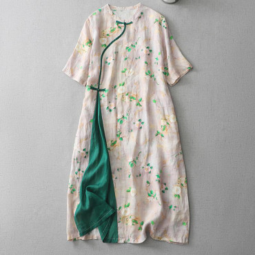 Vintage Japanese Art Floral Button Cotton Linen Maxi Dress