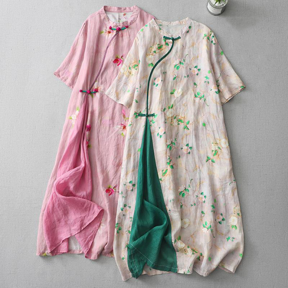 Vintage Japanese Art Floral Button Cotton Linen Maxi Dress