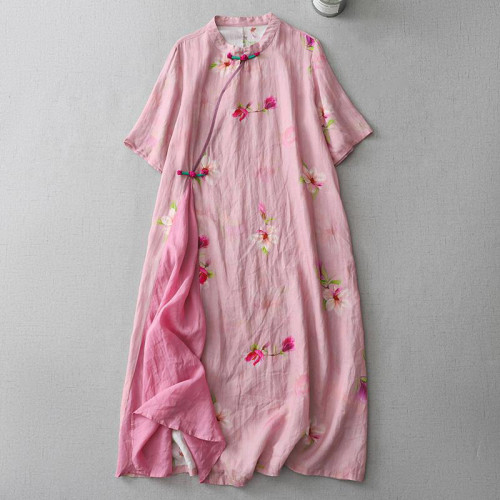 Vintage Japanese Art Floral Button Cotton Linen Maxi Dress