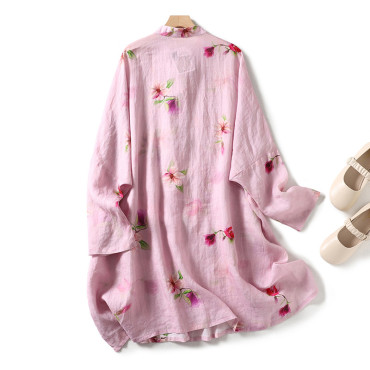 Vintage Japanese Art Floral Button Cotton Linen Midi Dress