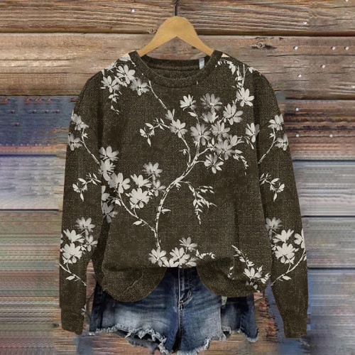 Vintage Japanese Art Floral Casual Round Neck Sweatshirt