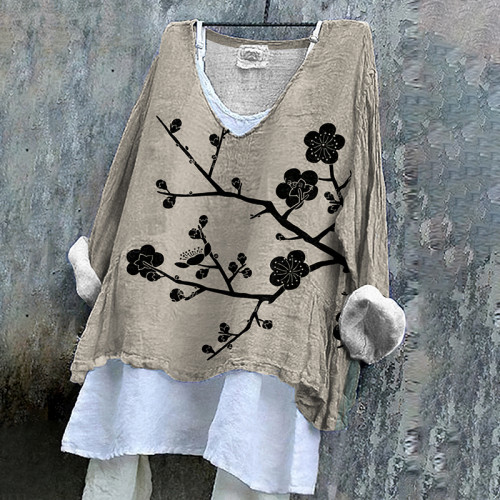 Vintage Japanese Art Floral Cotton Linen V Neck Casual Shirt