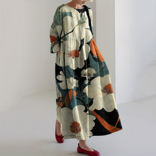 Vintage Japanese Art Floral Print Casual Midi Dress