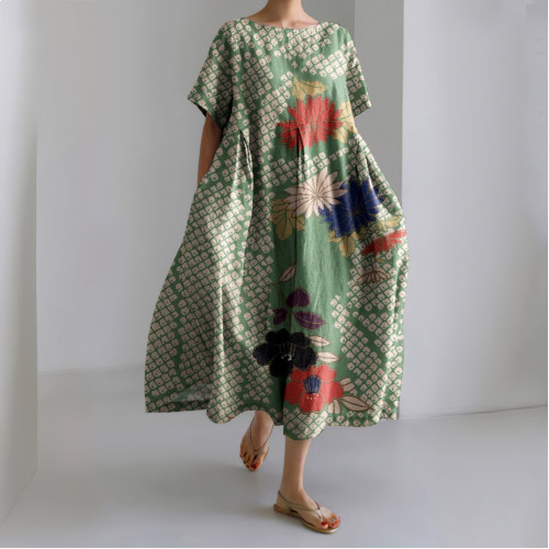 Vintage Japanese Art Floral Print Short Sleeved Loose Midi Dress