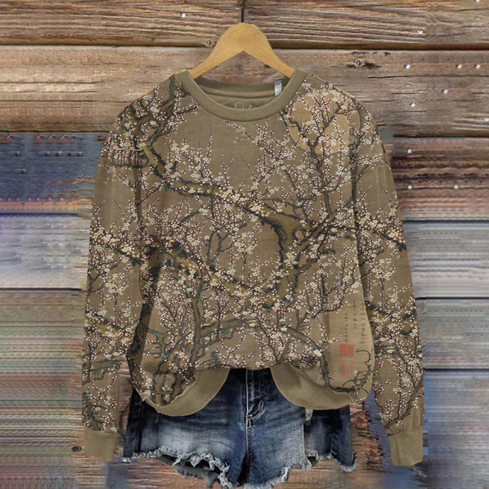 Vintage Japanese Art Floral Round Neck Casual Sweatshirt