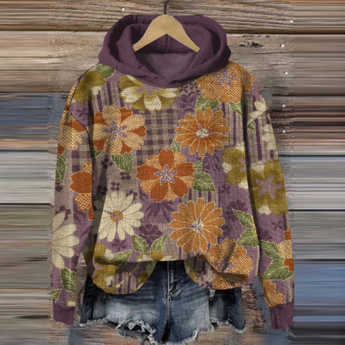 Vintage Japanese Art Flower Print Casual Hoodie