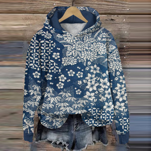 Vintage Japanese Art Flower Print Casual Hoodie