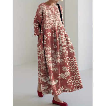 Vintage Japanese Art Flower Print Casual Midi Dress