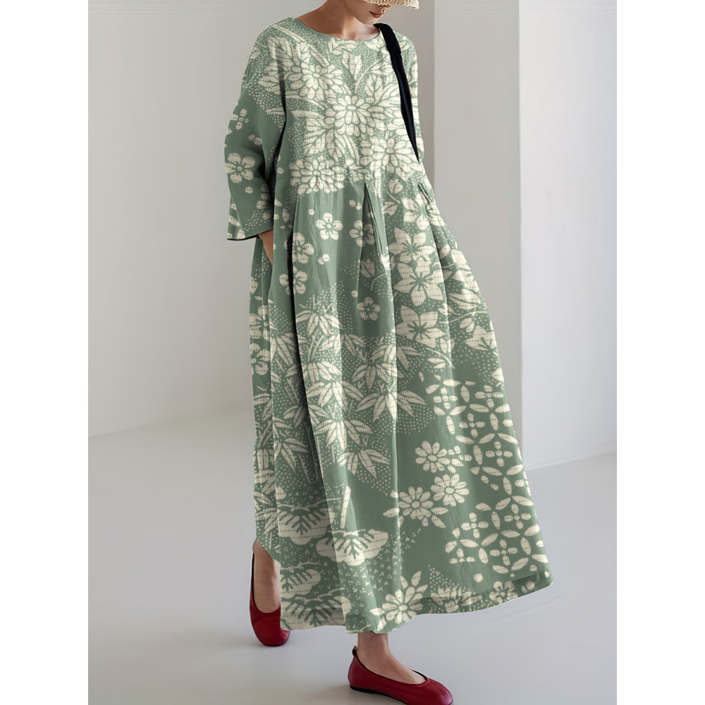 Vintage Japanese Art Flower Print Casual Midi Dress