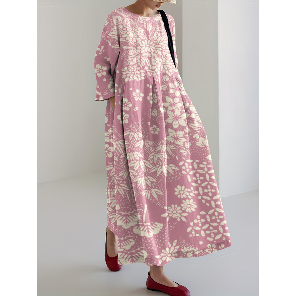 Vintage Japanese Art Flower Print Casual Midi Dress