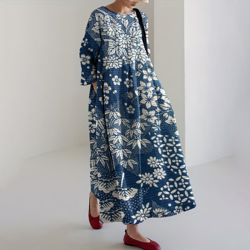 Vintage Japanese Art Flower Print Casual Midi Dress