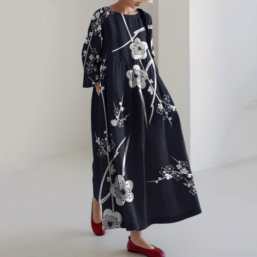 Vintage Japanese Art Flower Print Casual Midi Dress