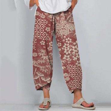 Vintage Japanese Art Flower Print Casual Pants
