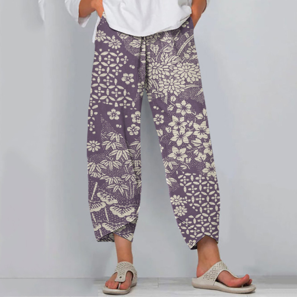 Vintage Japanese Art Flower Print Casual Pants