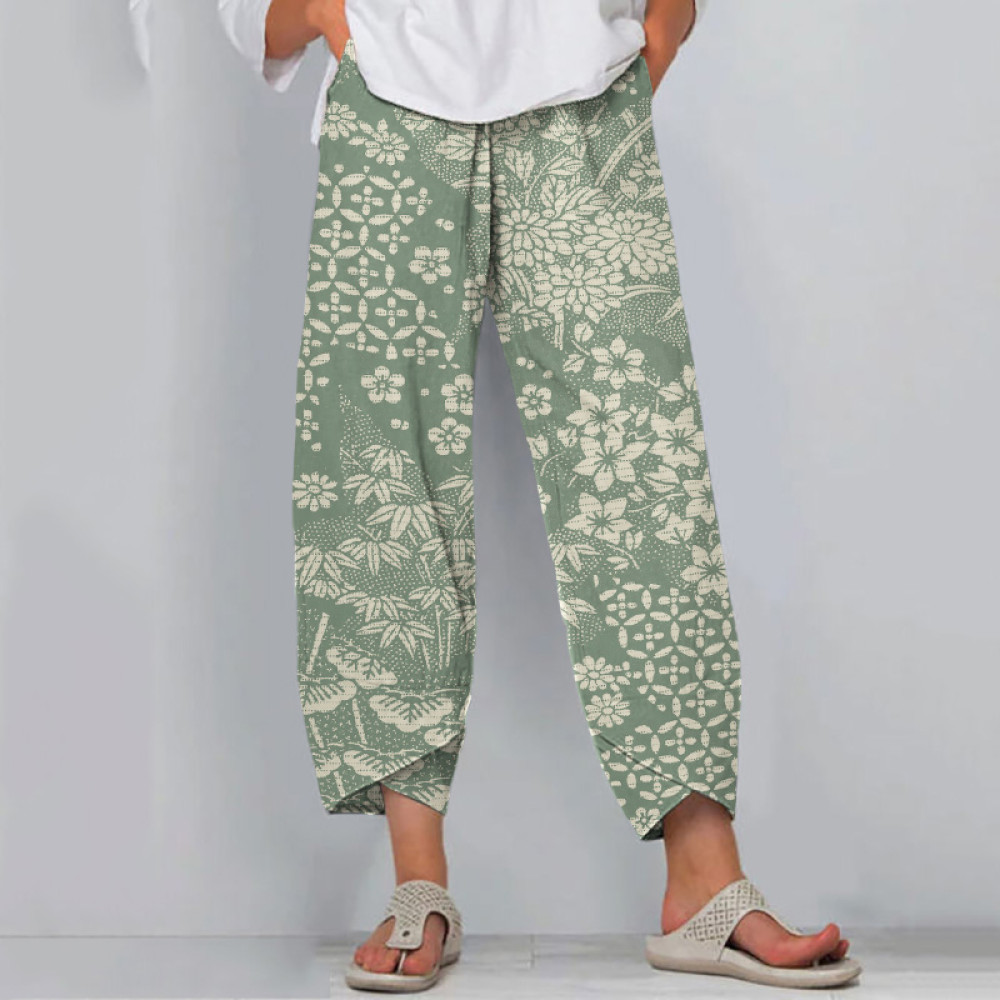 Vintage Japanese Art Flower Print Casual Pants