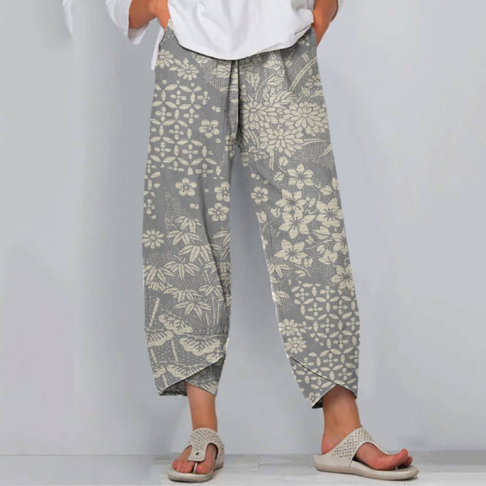 Vintage Japanese Art Flower Print Casual Pants