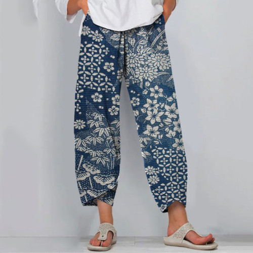 Vintage Japanese Art Flower Print Casual Pants