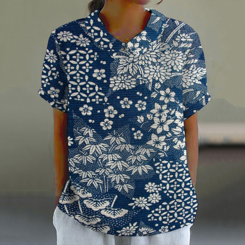 Vintage Japanese Art Flower Print Lapel Short Sleeve Blouse