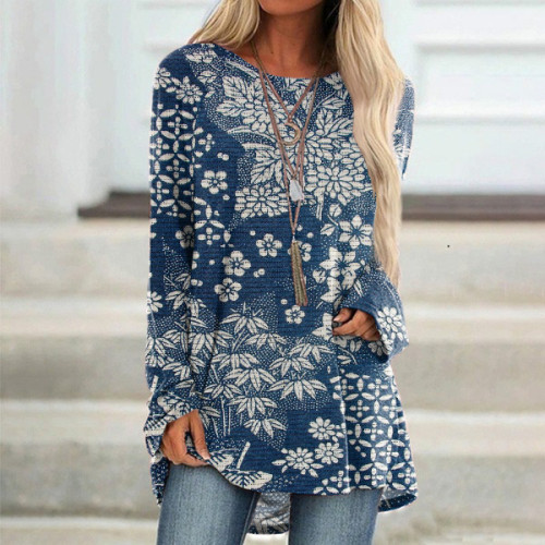 Vintage Japanese Art Flower Print Long Sleeve Tunic