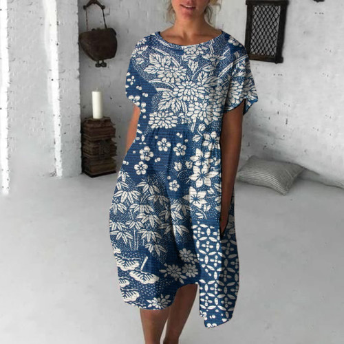 Vintage Japanese Art Flower Print Loose Midi Dress