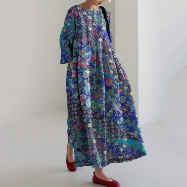 Vintage Japanese Art Flower Print Loose Midi Dress