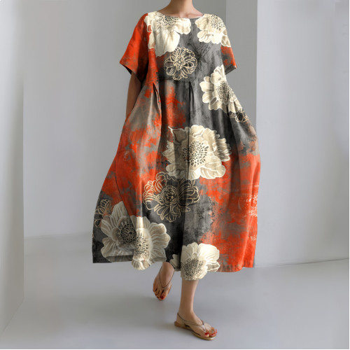 Vintage Japanese Art Flower Print Midi Dress