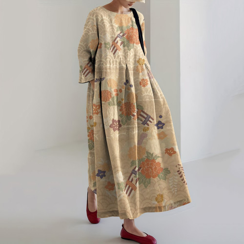Vintage Japanese Art Flower Print Midi Dress