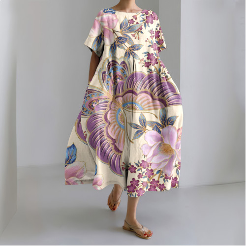 Vintage Japanese Art Flower Print Short Sleeve Casual Midi Dress