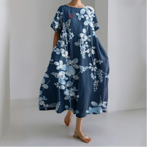 Vintage Japanese Art Flower Print Short Sleeve Loose Midi Dress
