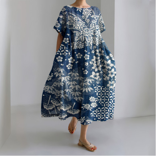 Vintage Japanese Art Flower Print Short Sleeve Loose Midi Dress