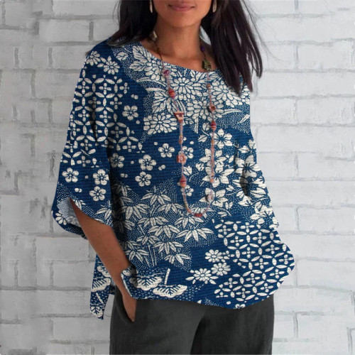 Vintage Japanese Art Flower Print Short Sleeved Linen Blend T-Shirt