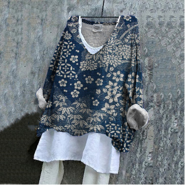 Vintage Japanese Art Flower Print V-Neck Blouse