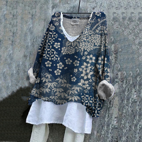 Vintage Japanese Art Flower Print V-Neck Blouse