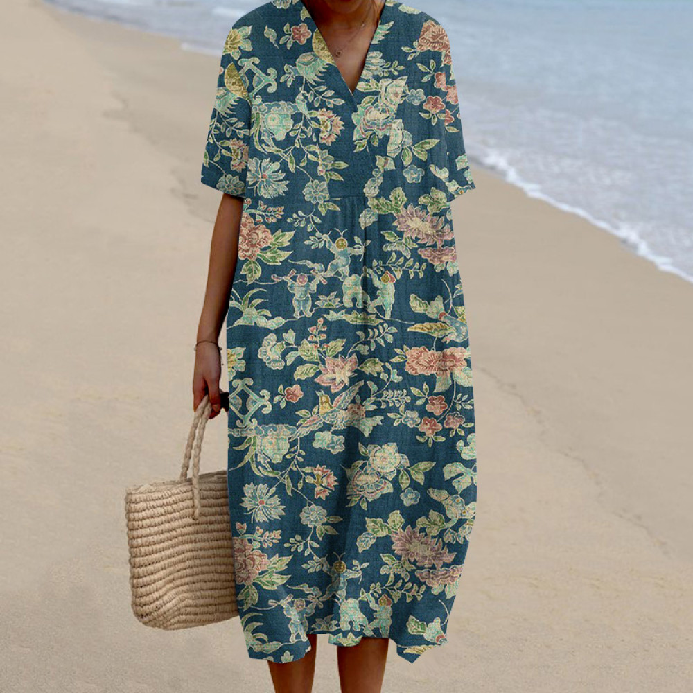 Vintage Japanese Art Flower Print V-Neck Casual Midi Dress