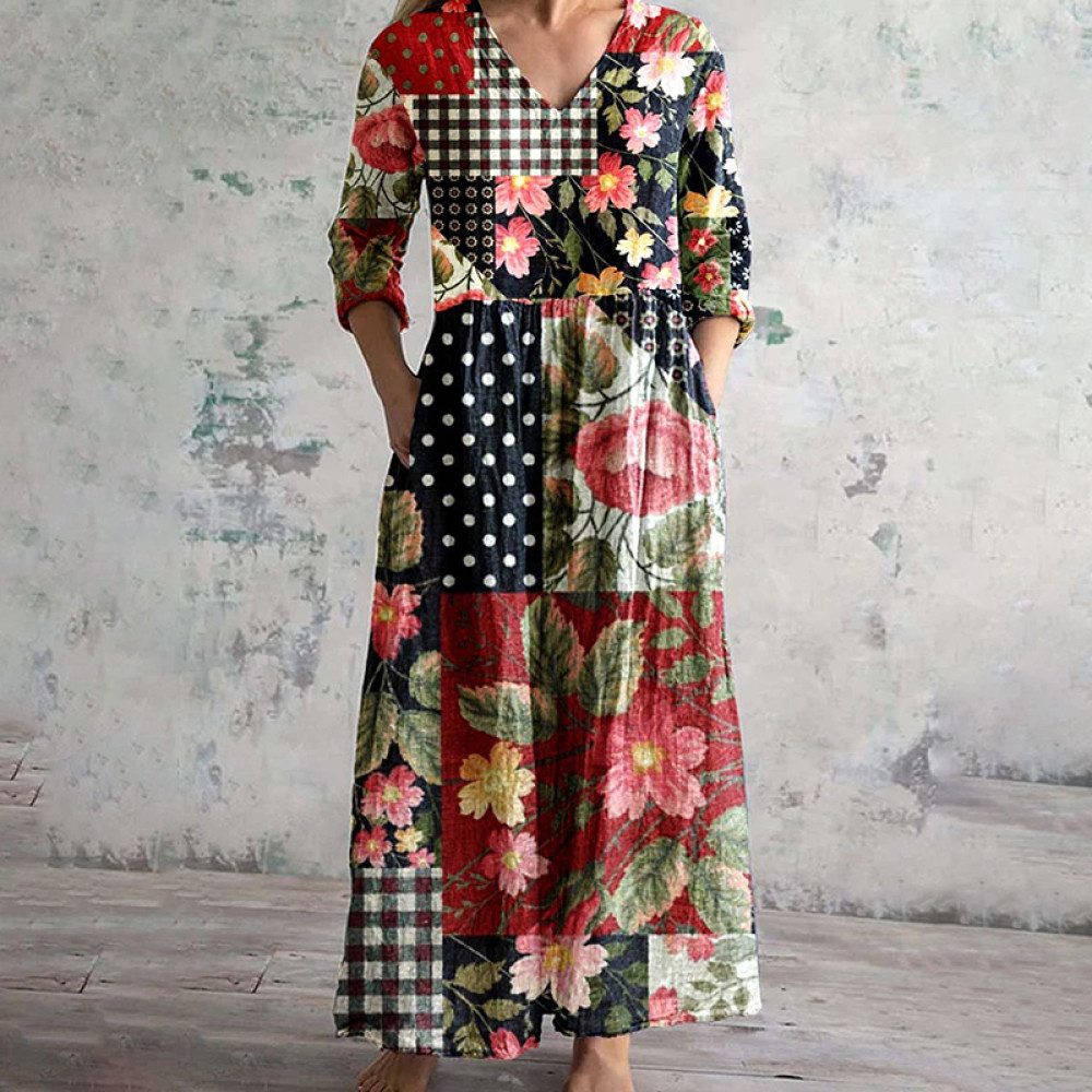 Vintage Japanese Art Flower Print V-Neck Casual Midi Dress